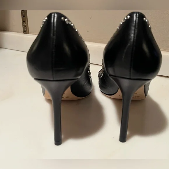 NWOT—JIMMY CHOO Romy 85 Black Heels with Silver Studs, Size 37.5 (US 7)